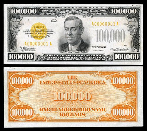 Mặt trước và sau của tờ 100.000 USD.