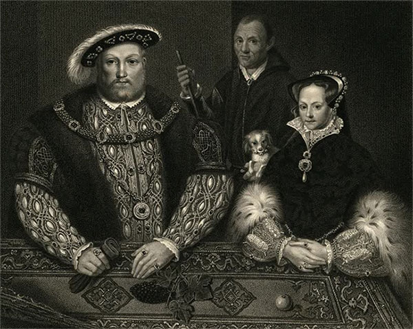Tranh khắc vua Henry VIII, hoàng hậu Mary I và anh hề William Sommers.